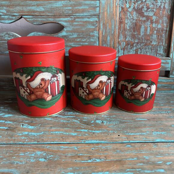 HOUSE OF LLOYD 1988 Nesting Tin 3pc Canister Set Teddy Bear Christmas Presents - Picture 1 of 15